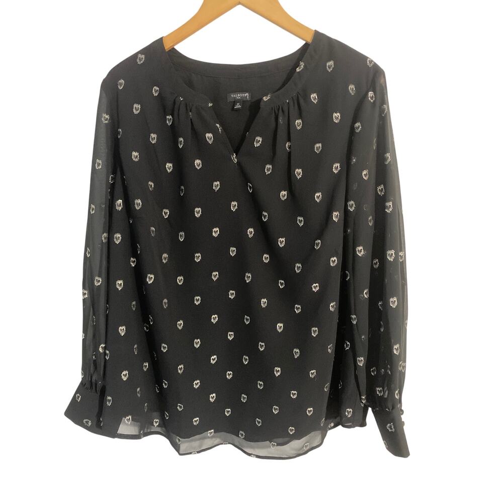 Talbots plus blouse women’s size 1X black chiffon silver hearts sheer lined